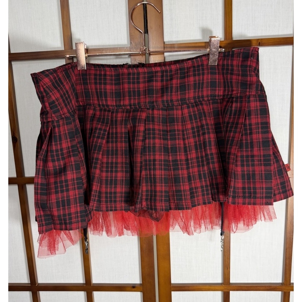 Royal Bones Micro Mini Skirt Y2K Red Plaid Pleated Tule Garter Straps XL Grunge